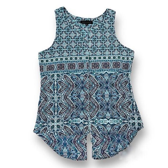 Sanctuary Printed V Neck Button Up Sleeveless Blouse Blue Small - Picture 12 of 13